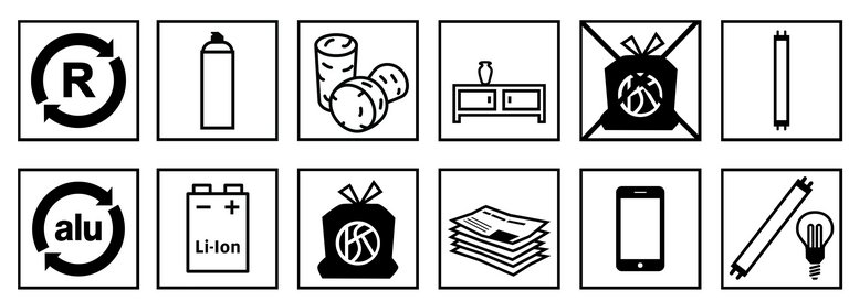 Titelbild Leitfaden Produktebeschriftung Verschiedene Recyclingpiktogramme auf weissem Hintergrund