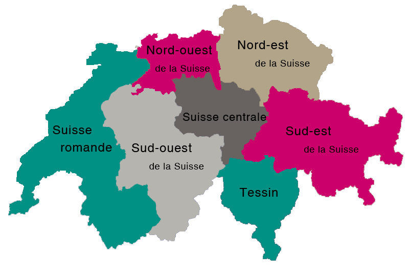 Schweizerkarte nach Regionen aufgeteilt (französisch)
